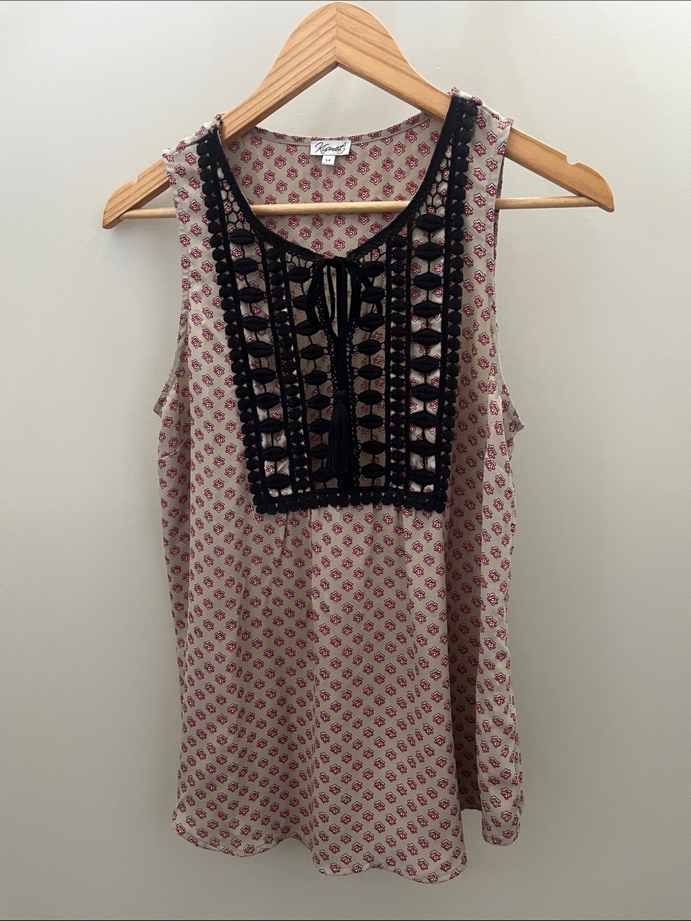 Kismet Tank with Pink Print and Black Crochet Yoke S